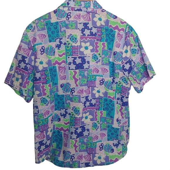 Vtg Cricket Lane Womens L Blouse Short Slv Beach Fish Tropical Floral Geometric - Picture 2 of 5